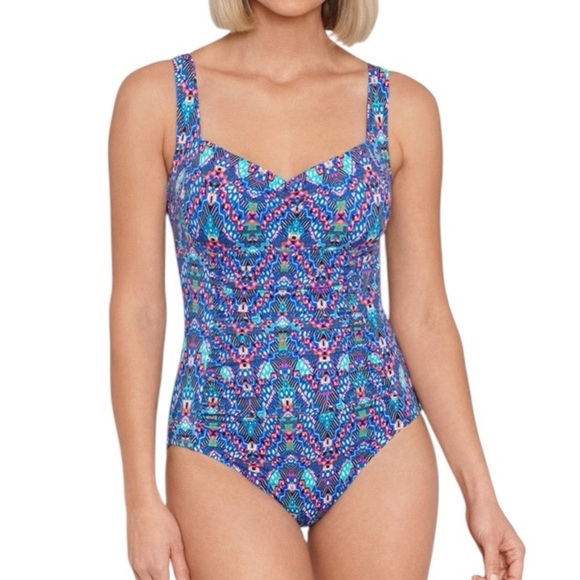 Swim Solutions Tummy Control Shirred One Piece Swim Suit Navy Multi 14 New - Picture 2 of 7